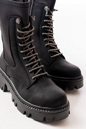 868-2006 Черный Изумруд Плоский Каблук Шнуровка Женские Сапоги на Молнии