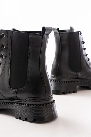 2051-298 Black Skin Flat Heels Шнуровка Эластичные женские сапоги