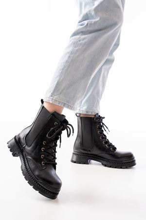 2051-298 Black Skin Flat Heels Шнуровка Эластичные женские сапоги