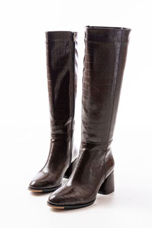 RS-2432 Коричневые женские сапоги на молнии на каблуке Croco