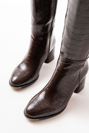 RS-2432 Коричневые женские сапоги на молнии на каблуке Croco
