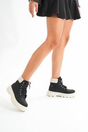 LMÇ-2045 Черно-бежевая подошва на шнуровке толстая подошва женские повседневные сапоги