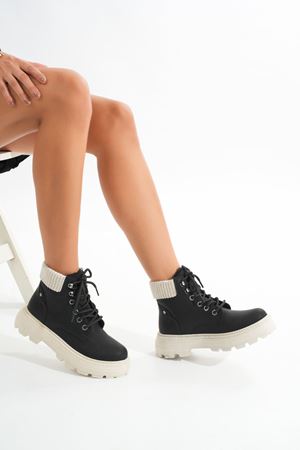 LMÇ-2045 Черно-бежевая подошва на шнуровке толстая подошва женские повседневные сапоги