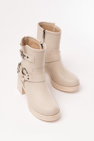 5109-3028 Повседневные женские сапоги с бежевыми пряжками на каблуке на молнии