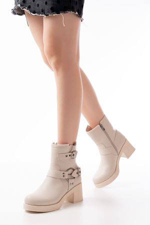 5109-3028 Повседневные женские сапоги с бежевыми пряжками на каблуке на молнии