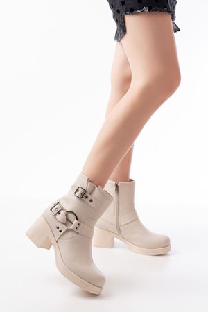5109-3028 Повседневные женские сапоги с бежевыми пряжками на каблуке на молнии