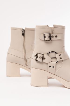 5109-3028 Повседневные женские сапоги с бежевыми пряжками на каблуке на молнии