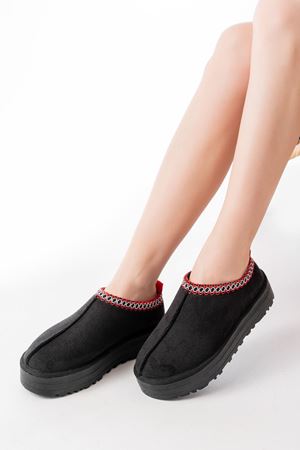NDR-2888 Siyah Süet İçi Kürklü Kışlık Kapalı Burun Kadın Günlük Terlik 