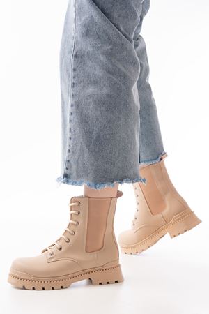 2051-298 Бежевые женские ботинки на плоском каблуке на шнуровке