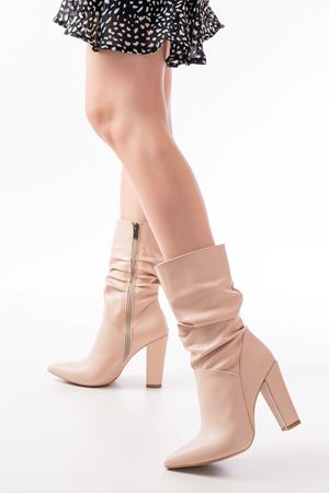 VRT-4815 Бежевые высокие толстые каблуки мехи на молнии женские сапоги на молнии