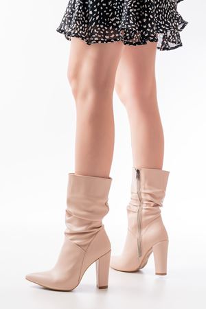 VRT-4815 Бежевые высокие толстые каблуки мехи на молнии женские сапоги на молнии