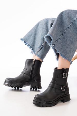 2051-2014 Черная пряжка на плоском каблуке Пряжка на молнии Повседневные женские сапоги