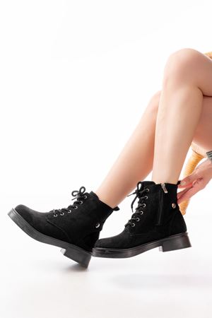 02-2003 Черные замшевые женские сапоги на шнуровке на молнии