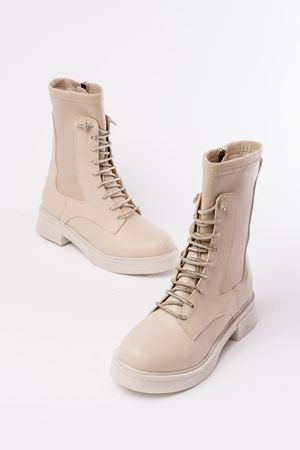 02-2006 Бежевые женские сапоги на шнуровке на молнии