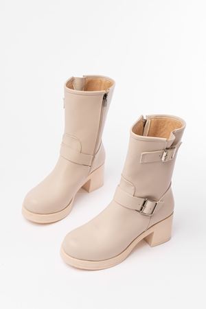 5109-3043 Bej Toka Aksesuarlı Fermuarlı Kalın Topuklu Günlük Kadın Bot