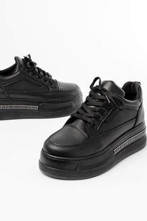 FLN-1999 Siyah Bağcıklı Taban Taş Aksesuarlı Günlük Spor Ayakkabı