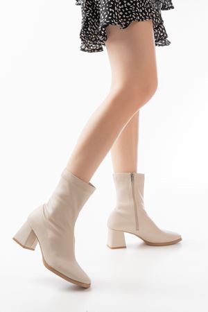 MSK-033 Женские сапоги на молнии на бежевом каблуке стрейч-бежевый