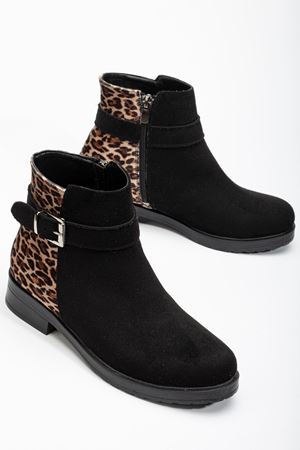 165-204/1 Siyah Süete Leopar Toka Aksesuarlı Fermuarlı Günlük Kadın Bot