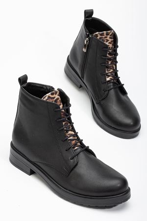 165-225 Siyaha Leopar Bağcıklı Fermuarlı Günlük Kadın Bot 