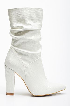 VRT-4815 Beyaz Kroko Yüksek Kalın Topuklu Körüklü Fermuarlı Kadın Bot
