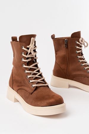 02-356 Taba Süet Düz Topuklu Bağcıklı Fermuarlı Günlük Kadın Bot 