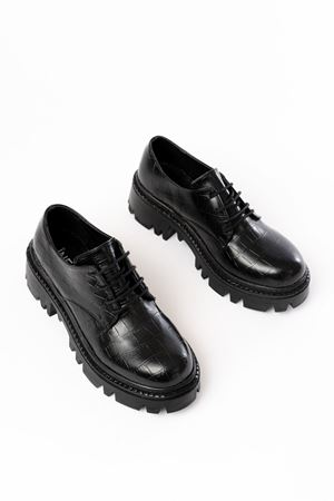 868-754 Siyah Kroko Bağcıklı Günlük Yüksek Tabanlı Loafer Ayakkabı 