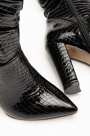 VRT-4815 Siyah Kroko Yüksek Kalın Topuklu Körüklü Fermuarlı Kadın Bot