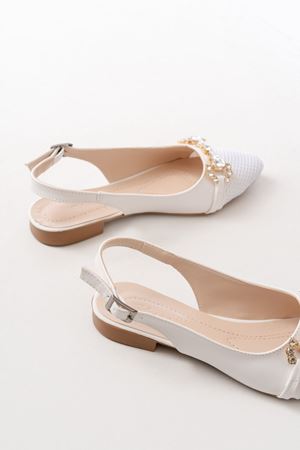 İNF-120 Beyaz Günlük Fileli Taş Aksesuarlı Kadın Babet