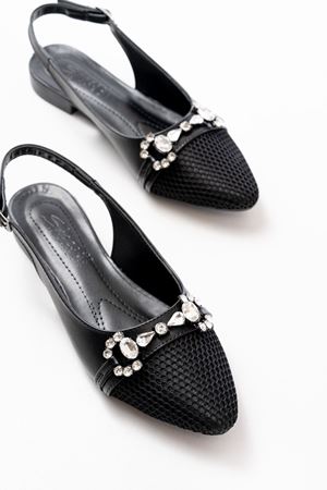 İNF-120 Siyah Günlük Fileli Taş Aksesuarlı Kadın Babet