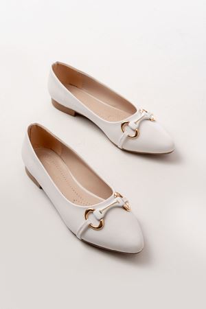 İNF-129 Beyaz Günlük Taş Aksesuarlı Babet 