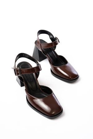 İNF-40450 Kahve Rugan Günlük Arkası Açık Topuklu Bayan Ayakkabı 