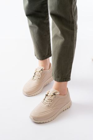 K-504 Bej Bağcıklı Desenli Günlük Spor Ayakkabı 