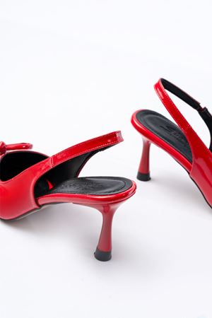 İNF-4500 Kırmızı Rugan Günlük Arkası Açık Fiyonklu Topuklu Bayan Ayakkabı 