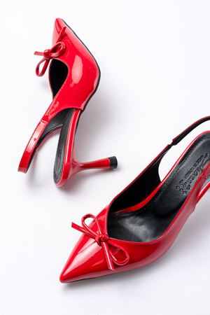 İNF-4500 Kırmızı Rugan Günlük Arkası Açık Fiyonklu Topuklu Bayan Ayakkabı 