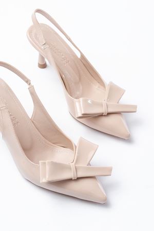 İNF-4501 Bej Rugan Günlük Arkası Açık Fiyonklu Topuklu Bayan Ayakkabı 