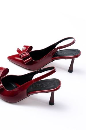 İNF-4501 Bordo Rugan Günlük Arkası Açık Fiyonklu Topuklu Bayan Ayakkabı 