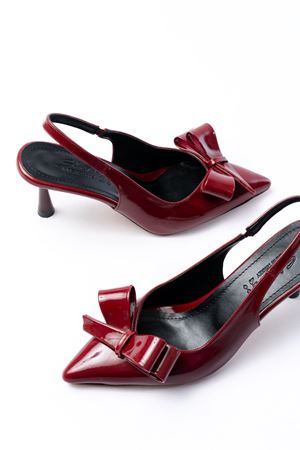 İNF-4501 Bordo Rugan Günlük Arkası Açık Fiyonklu Topuklu Bayan Ayakkabı 