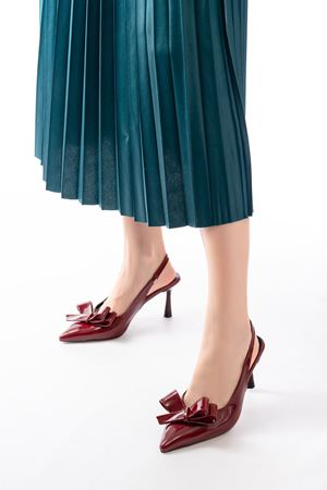 İNF-4501 Bordo Rugan Günlük Arkası Açık Fiyonklu Topuklu Bayan Ayakkabı 