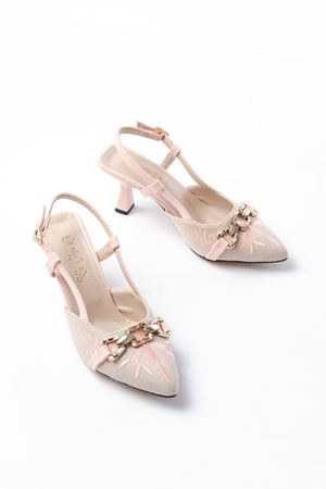 K-250 Pudra Keten Günlük Arkası Açık Tokalı Topuklu Kadın Ayakkabı 