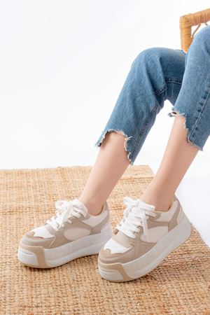 SP-190 Bej Garni Bağcıklı Fileli Yüksek Taban Günlük Spor Ayakkabı 