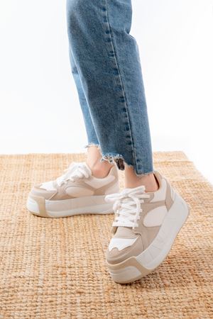 SP-190 Bej Garni Bağcıklı Fileli Yüksek Taban Günlük Spor Ayakkabı 