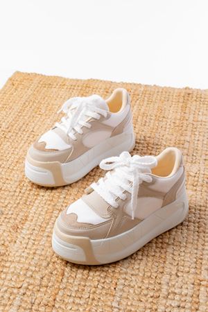 SP-190 Bej Garni Bağcıklı Fileli Yüksek Taban Günlük Spor Ayakkabı 