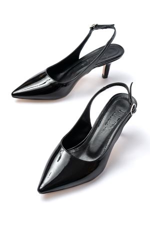 ST-1152 Siyah Rugan Günlük 7 cm Topuklu Kadın Ayakkabı 