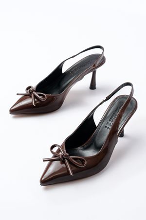 İNF-4500 Kahve Rugan Günlük Arkası Açık Fiyonklu Topuklu Bayan Ayakkabı