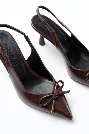 İNF-4500 Kahve Rugan Günlük Arkası Açık Fiyonklu Topuklu Bayan Ayakkabı