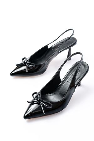 İNF-4500 Siyah Rugan Günlük Arkası Açık Fiyonklu Topuklu Bayan Ayakkabı