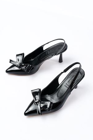 İNF-4501 Siyah Rugan Günlük Arkası Açık Fiyonklu Topuklu Bayan Ayakkabı 