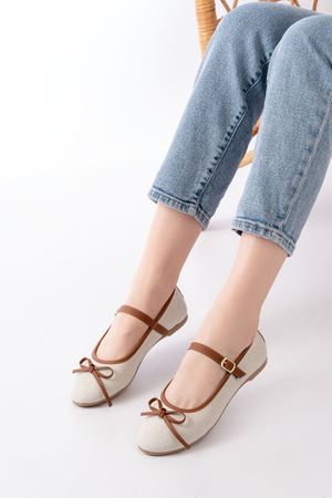 6321 Bej Keten Günlük Baret Tokalı Bayan Babet