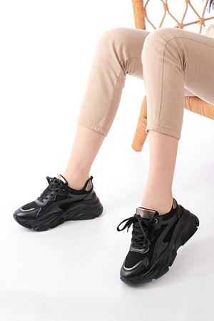 SP-149 Siyah Platin Bağcıklı Fileli Günlük Spor Ayakkabı 