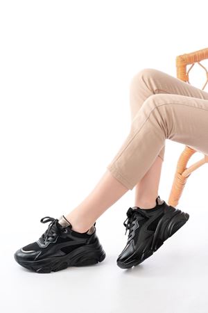 SP-149 Siyah Platin Bağcıklı Fileli Günlük Spor Ayakkabı 